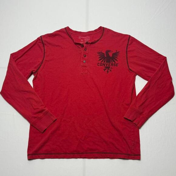 Vintage Converse Red Long Sleeve Henley Shirt XL Eagle Graphic - Picture 1 of 5
